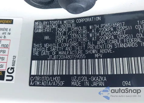 2008 Lexus Gx 470 из США, поврежденный, VIN JTJBT20X480159055